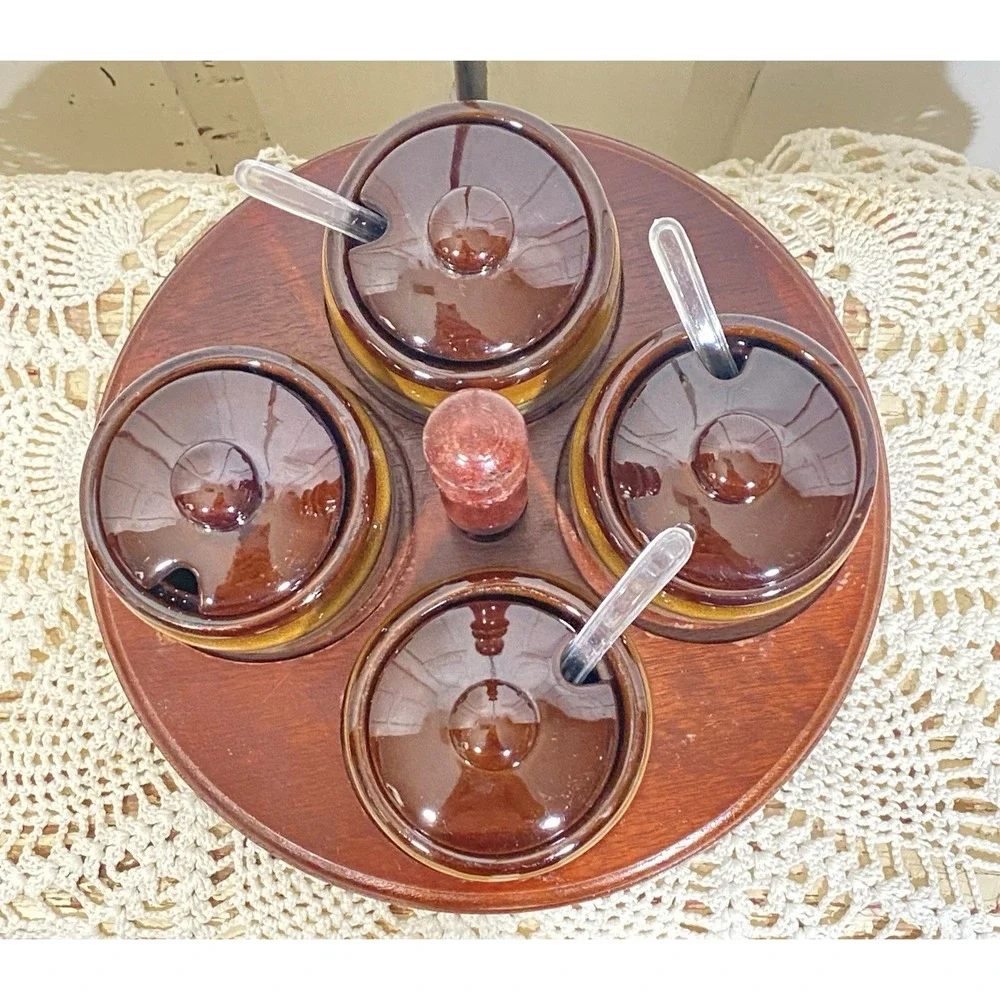 Vintage Stoneware Condiment Set w/4 Covered Labeled Jars & Spoons on Lazy‎ Susan